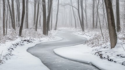 Frozen River Winding Through Snowy Forest: A narrow, frozen river winding gracefully through a forest cloaked in snow. Fog hangs