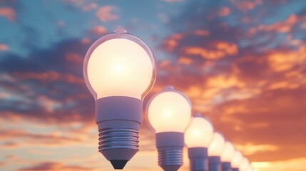 Multiple LED light bulbs against a sky backdrop Energy conservation theme Row of white energy efficient bulbs