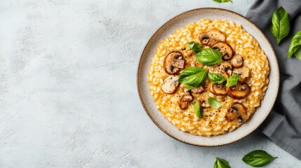Golden Risotto with Parmesan, Grilled Mushrooms, and Basil Garnish: A creamy risotto with a rich golden color, topped with sliced