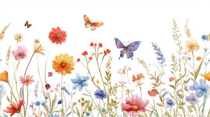 Obraz premium A vibrant floral scene featuring colorful flowers and butterflies, evoking nature's beauty.