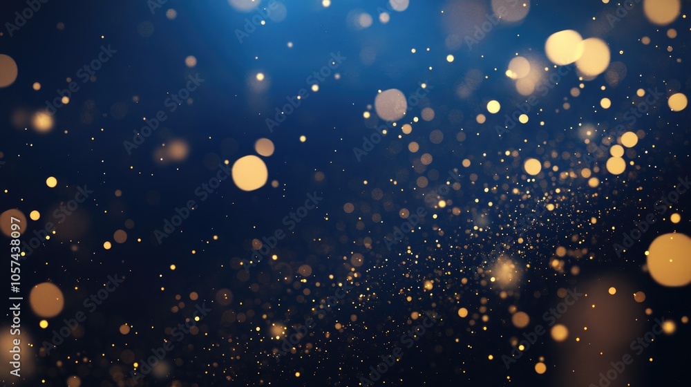 Poster gold and dark blue fireworks with bokeh effects create an abstract holiday background featuring ampl