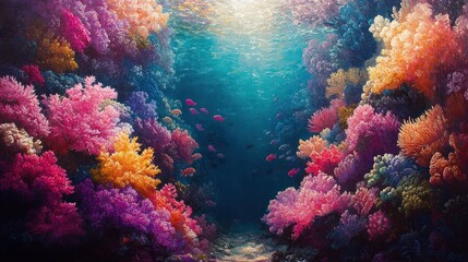 A vibrant underwater scene showcasing colorful coral reefs and marine life.