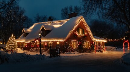 Holiday Lights: A realistic photo of a charming cottage decorated with bright Christmas lights and a snow-covered roof, creating a