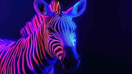 Striking Neon Zebra Illuminated in Dark Vivid Digital Art Creation