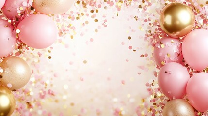Festive backdrop featuring pink confetti and golden balloons perfect for celebrations