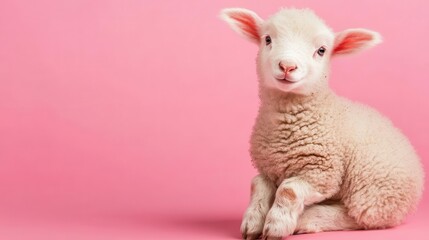 Fototapeta premium Fluffy baby lamb sitting on a solid pink background, sweet and soft