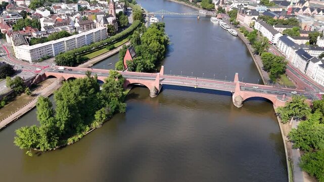 Aerial view of Old Bridge (Alte Brucke) in Frankfurt, Germany