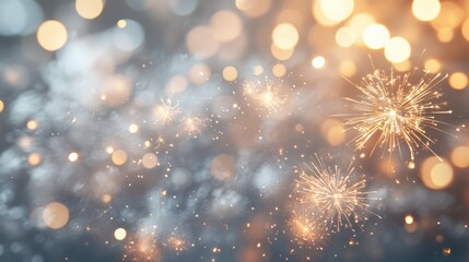 Obraz premium Abstract festive silver winter bokeh background featuring fireworks and shimmering bokeh lights