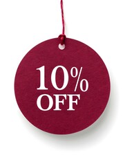 White '10% OFF' Text on a Dark Red Round Paper Note. White Background 
