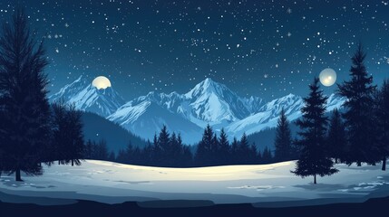 Fototapeta premium Snowy mountain landscape at night with trees in the foreground