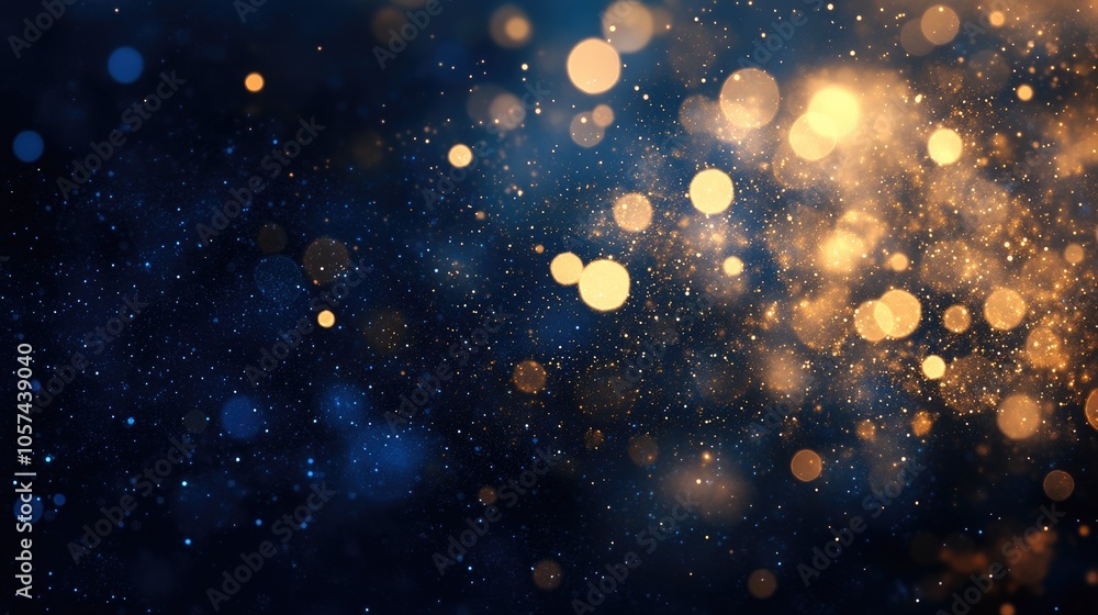 Poster gold and dark blue fireworks with bokeh effects create an abstract holiday background featuring ampl