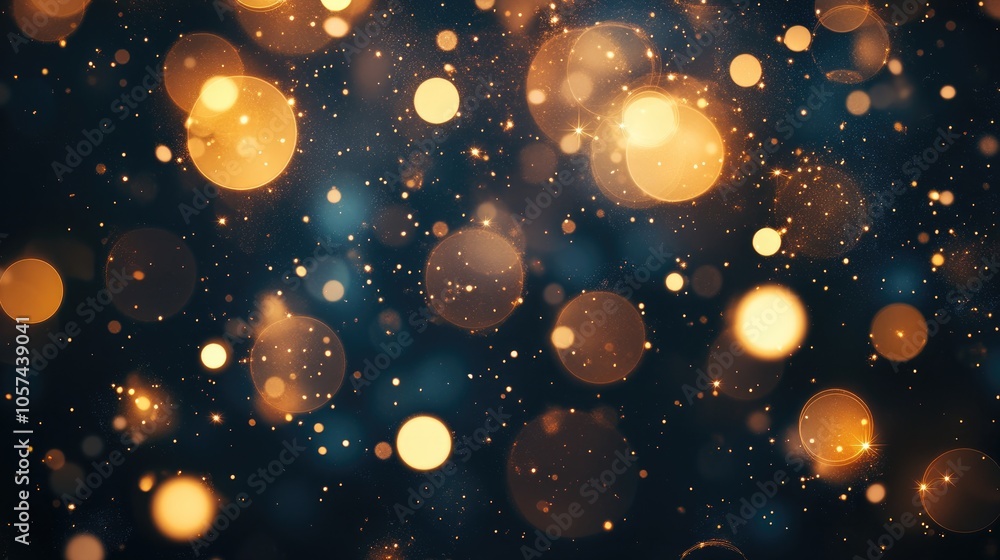 Poster Abstract black backdrop featuring golden bubble lights and falling snowflakes at night Blurry bokeh Christmas scene with circular patterns and sparkling stars for a magical effect