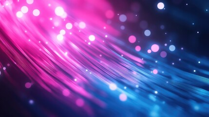 Obraz premium Abstract background featuring glowing neon lines in pink and blue accompanied by bokeh lights representing the concept of data transfer