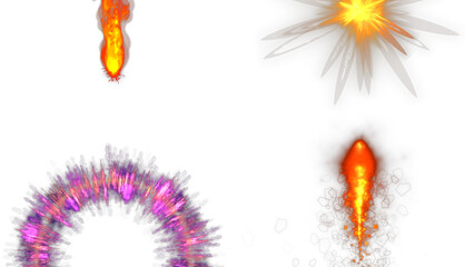 A set of four isolated color lighting effects on a transparent background. Abstract explosions, burning.