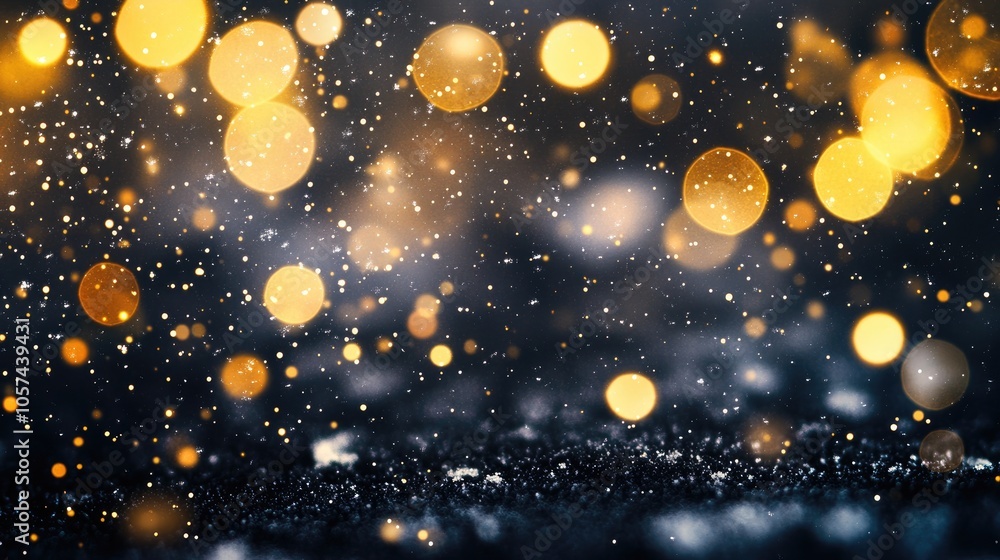 Poster Abstract black backdrop featuring golden bubble lights and falling snowflakes at night Blurry bokeh Christmas scene with circular patterns and sparkling stars for a magical effect