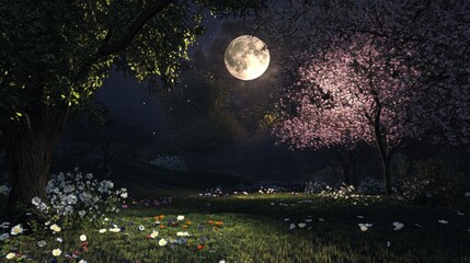 quiet spring night with the full moon shining through the trees and flowers looking out, moon generative ai