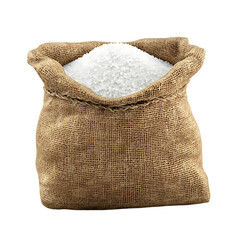 A burlap sack filled with white granulated sugar.