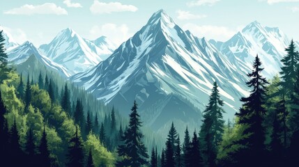 Fototapeta premium Breathtaking mountain scenery featuring snow capped rugged peaks surrounded by evergreen forests Perfect for wall art outdoor campaigns and conservation initiatives