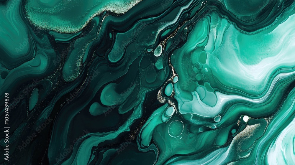 Poster emerald green fluid art featuring abstract drips and waves creating a marble effect background or te