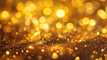 Obraz premium Golden glitter texture with bokeh lights creating an abstract background for festive celebrations featuring high contrast colors and ample copy space