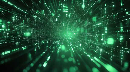 Abstract green digital background featuring a futuristic cyberspace aesthetic combining technology and art in an innovative visual concept