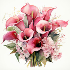 Watercolor bouquet of lovely pink Calla lily flowers isolated on a white background.