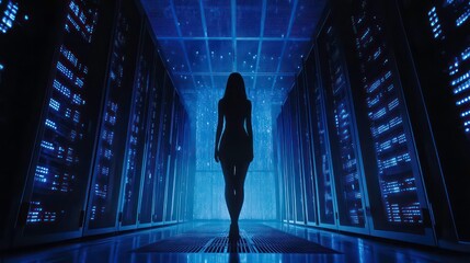 A silhouetted figure walks through a futuristic server room illuminated by blue lights.