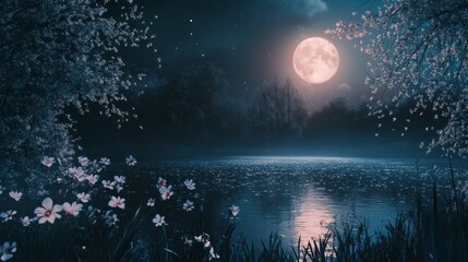 quiet spring night with the full moon shining through the trees and flowers looking out, moon generative ai