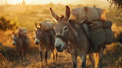 Donkeys carrying goods in the golden hour