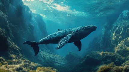Naklejka premium Whale among an underwater mountain landscape