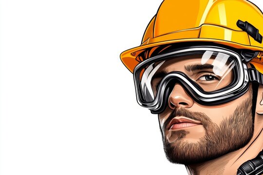 2D illustration of a worker with a hard hat and safety goggles, drawn with clean lines on a white background, capturing the essentials of industrial safety gear, symbolizing simplicity and order
