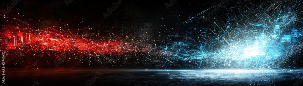 Poster abstract design featuring dynamic red and blue streaks of light against a dark background, creating 