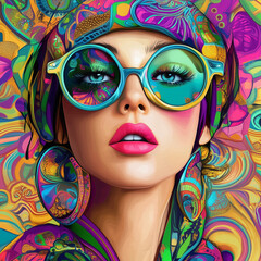 Fototapeta premium A vibrant portrait of a woman with large round glasses, set against an abstract, colorful background. She has expressive makeup and wears a scarf with a multicolored pattern