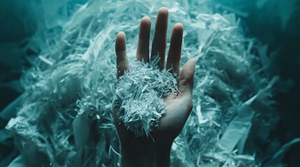 Fototapeta premium A hand holding a pile of shredded paper against a backdrop of more shredded paper.