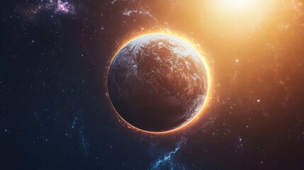 Brightly illuminated planet centered within the frame, surrounded by a soft glow. This captivating planet creates an intriguing focal point, offering ample copy space.