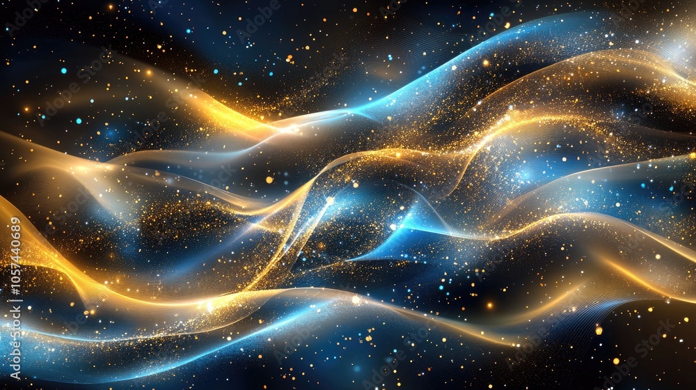 Aufkleber abstract background of a global network featuring glowing neon lines and waves in gold and blue conv
