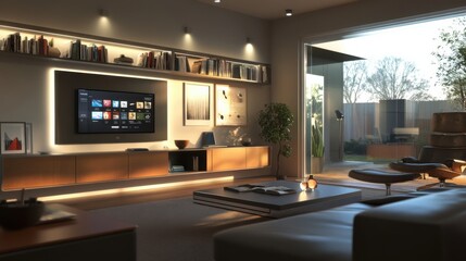 Smart Home: A realistic photo of a smart home setup with interconnected devices and sleek furniture, showcasing modern living.