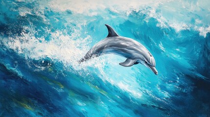 Obraz premium Dolphin leaps over the water gazing towards the viewer amidst the expanse of a vibrant blue ocean