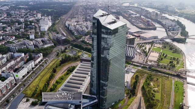 Aerial shot of European Central Bank  in Frankfurt, Germany