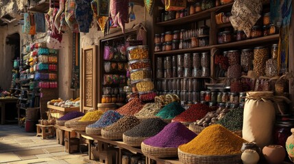 Traditional Market Scene: A realistic photo of a vibrant traditional market with colorful spices, textiles, and handmade crafts,