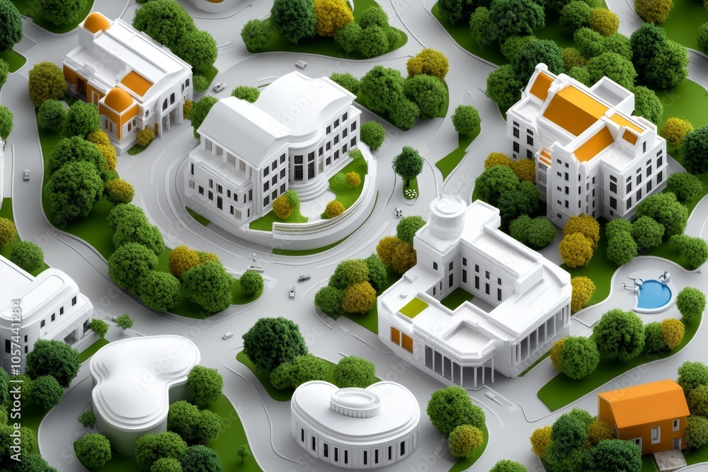 Poster a cityscape blueprint with buildings, parks, and roads, showing the interconnected design elements o