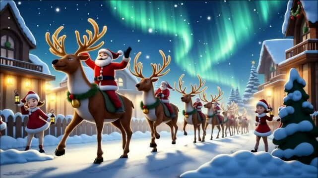 In a snowy North Pole village, majestic reindeer, adorned in festive bells and lights, march with proud elves carrying glowing lanterns. Together, they prepare for Santa&rsquo;s journey on Christmas Eve.
