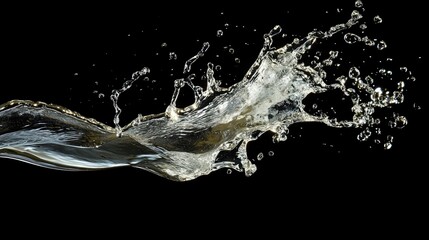 Dynamic water splash captured against a black background, highlighting the elegance of fluid motion. High-speed photography emphasizes the intricate details of the water splash.