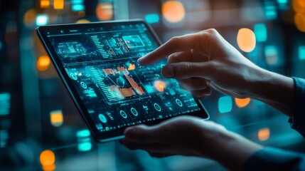 Hands using a tablet with futuristic data interface