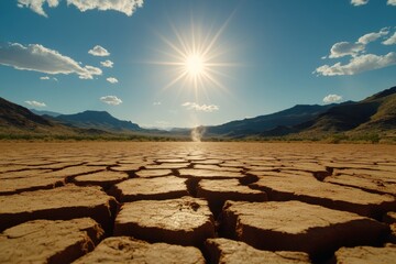 A desert landscape under the scorching sun, with waves of heat rising from the ground, capturing the harsh, intense feel of extreme temperatures, symbolizing endurance and isolation
