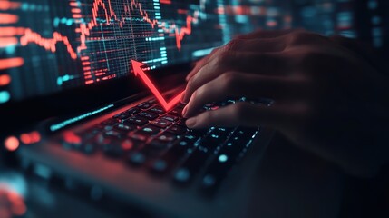 Laptop Keyboard with Red Arrow and Stock Market Data