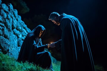 A gothic scene of a lawman handcuffing a figure near an ancient stone wall, with dark tones capturing the moody, intense side of historic law enforcement, symbolizing depth and justice