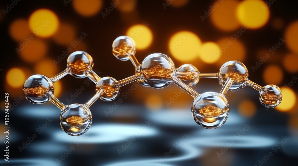 Poster 3d illustration of an abstract molecular structure with reflective spheres on a blurred background