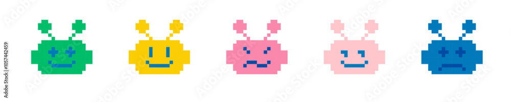 Poster cute bot icon set. pixel art. chatbot. naive childish design. abstract geometric simple pattern. y2k