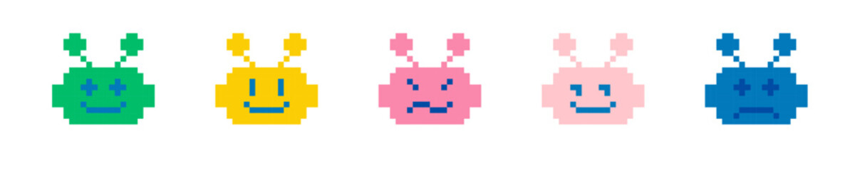 Obraz premium Cute bot icon set. Pixel art. Chatbot. Naive childish design. Abstract geometric simple pattern. Y2k trendy playful pixels stickers. Mood of 90's aesthetics. 8 bit retro style vector illustration